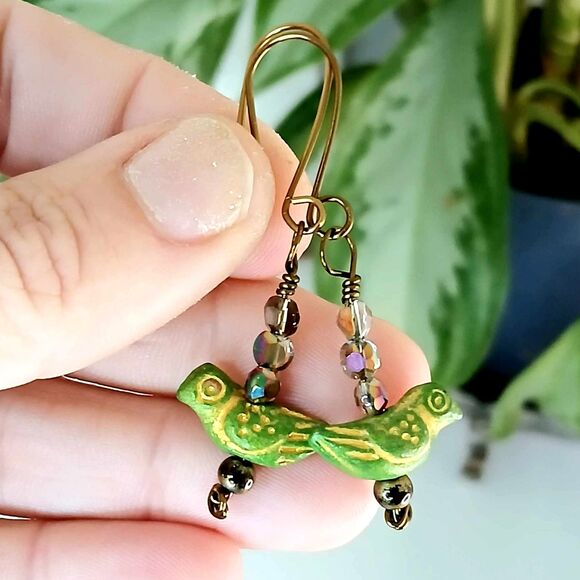 Boho Chic Bronze Dangle Earrings - Bird Earrings - Bronze 2" - Picture 3 of 7